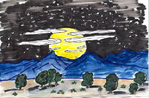 A big round moon or a butter colored slice of honeydew moon sails through the inky sky.