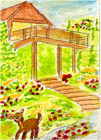 They turned into a path leading toward a tall majestic house that peeked through bushy trees.