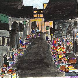 They walked into the crowded stone walks of the marketplace.